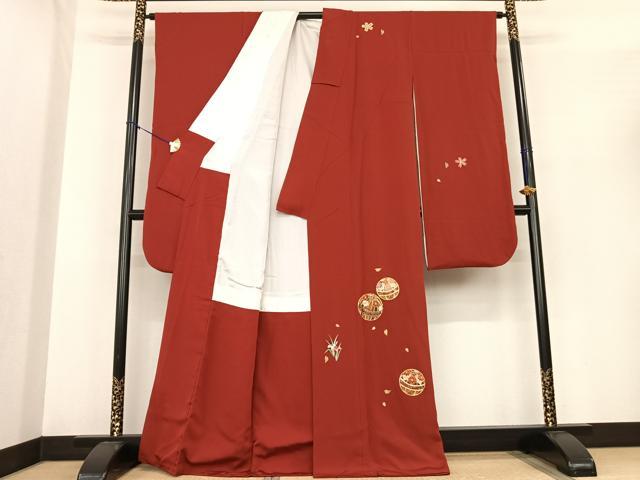 平和屋着物●豪華振袖 駒刺繍 毬 舞花文 紅海老茶色 金糸 正絹 逸品 AABF0379fy