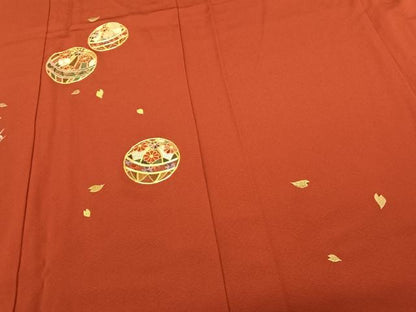 平和屋着物●豪華振袖 駒刺繍 毬 舞花文 紅海老茶色 金糸 正絹 逸品 AABF0379fy