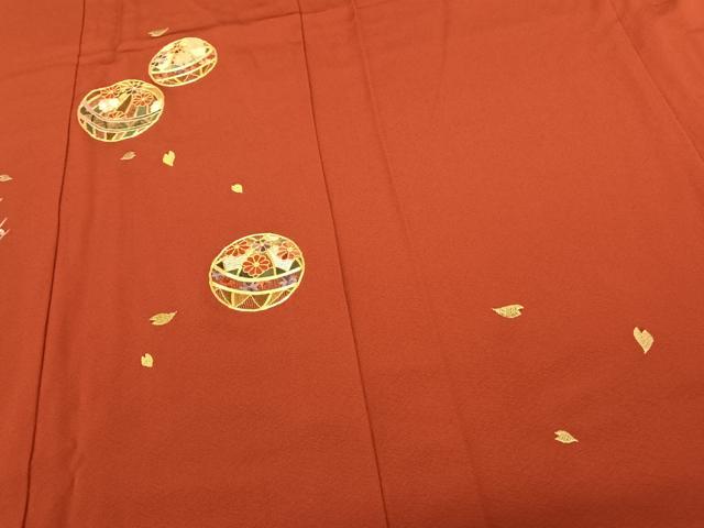 平和屋着物●豪華振袖 駒刺繍 毬 舞花文 紅海老茶色 金糸 正絹 逸品 AABF0379fy