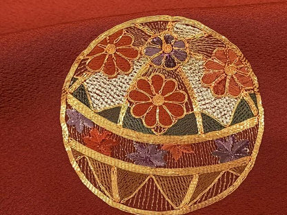 平和屋着物●豪華振袖 駒刺繍 毬 舞花文 紅海老茶色 金糸 正絹 逸品 AABF0379fy