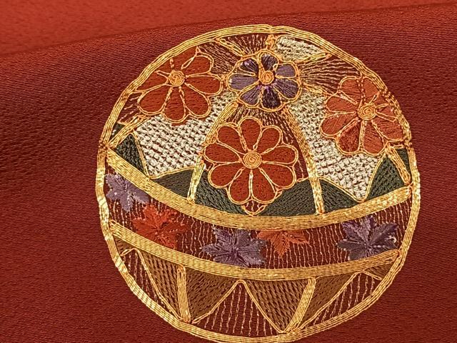 平和屋着物●豪華振袖 駒刺繍 毬 舞花文 紅海老茶色 金糸 正絹 逸品 AABF0379fy
