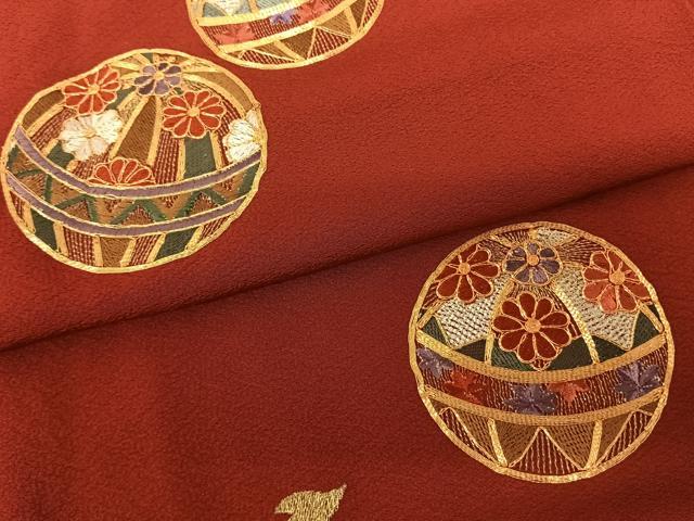 平和屋着物●豪華振袖 駒刺繍 毬 舞花文 紅海老茶色 金糸 正絹 逸品 AABF0379fy