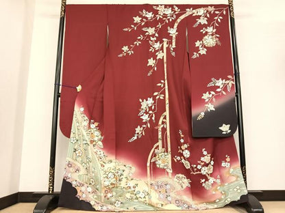 平和屋着物●豪華振袖 駒刺繍 舞花文 暈し染め 金彩 正絹 逸品 AABF0381fy