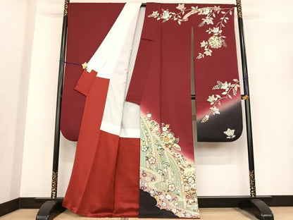 平和屋着物●豪華振袖 駒刺繍 舞花文 暈し染め 金彩 正絹 逸品 AABF0381fy