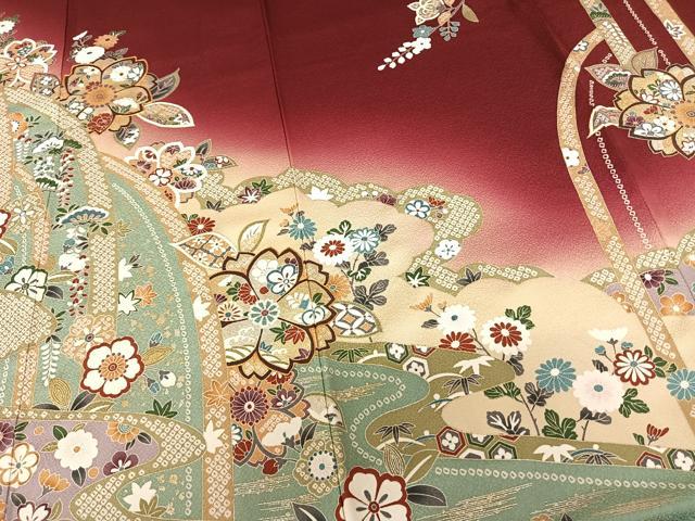 平和屋着物●豪華振袖 駒刺繍 舞花文 暈し染め 金彩 正絹 逸品 AABF0381fy