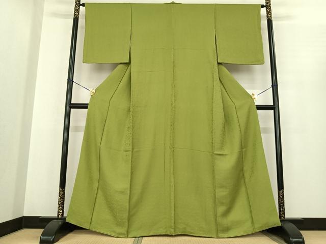 平和屋着物●上質な色無地 花唐草地紋 抹茶色 正絹 逸品 AABF0383fy