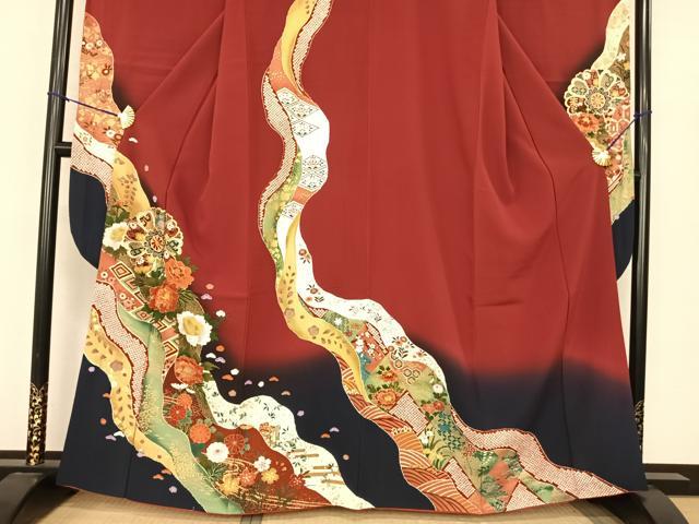 平和屋着物●豪華振袖 駒刺繍 道長花文 暈し染め 金彩 正絹 逸品 AABF0394fy