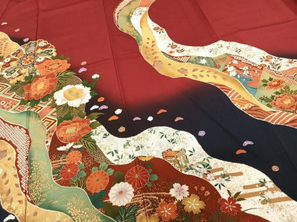 平和屋着物●豪華振袖 駒刺繍 道長花文 暈し染め 金彩 正絹 逸品 AABF0394fy