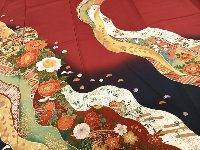 平和屋着物●豪華振袖 駒刺繍 道長花文 暈し染め 金彩 正絹 逸品 AABF0394fy