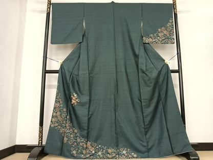 平和屋着物●訪問着　紬地　刺繍　花唐草文　金糸　金彩　正絹　逸品　AABF0406fy