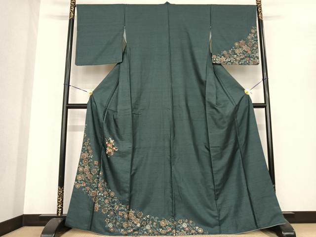 平和屋着物●訪問着　紬地　刺繍　花唐草文　金糸　金彩　正絹　逸品　AABF0406fy