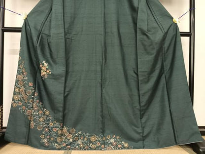 平和屋着物●訪問着　紬地　刺繍　花唐草文　金糸　金彩　正絹　逸品　AABF0406fy