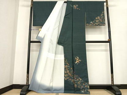 平和屋着物●訪問着　紬地　刺繍　花唐草文　金糸　金彩　正絹　逸品　AABF0406fy