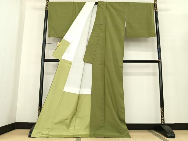 平和屋着物●本場真綿絢結城紬　草色　証紙付き　ロング丈　正絹　逸品　AABF0413fy 平和屋着物○本場真綿絢結城紬 草色 証紙付き ロング丈 正絹 逸品