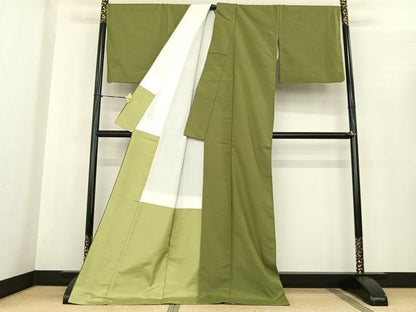 平和屋着物●本場真綿絢結城紬　草色　証紙付き　ロング丈　正絹　逸品　AABF0413fy