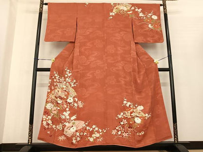 平和屋着物●アンティーク　大正ロマン　訪問着　駒刺繍　地紙花文　金糸　金彩　正絹　逸品　AABF0415fy