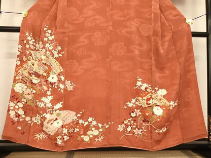 平和屋着物●アンティーク　大正ロマン　訪問着　駒刺繍　地紙花文　金糸　金彩　正絹　逸品　AABF0415fy