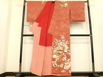 平和屋着物●アンティーク　大正ロマン　訪問着　駒刺繍　地紙花文　金糸　金彩　正絹　逸品　AABF0415fy