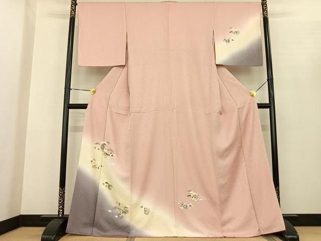 平和屋着物●訪問着　駒刺繍　雪輪地紙花文　暈し染め　金彩　正絹　逸品　AABF0418fy