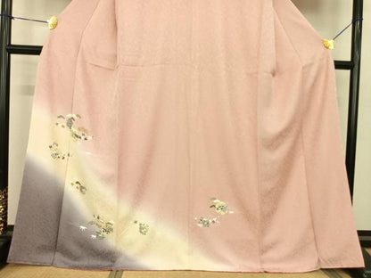 平和屋着物●訪問着　駒刺繍　雪輪地紙花文　暈し染め　金彩　正絹　逸品　AABF0418fy