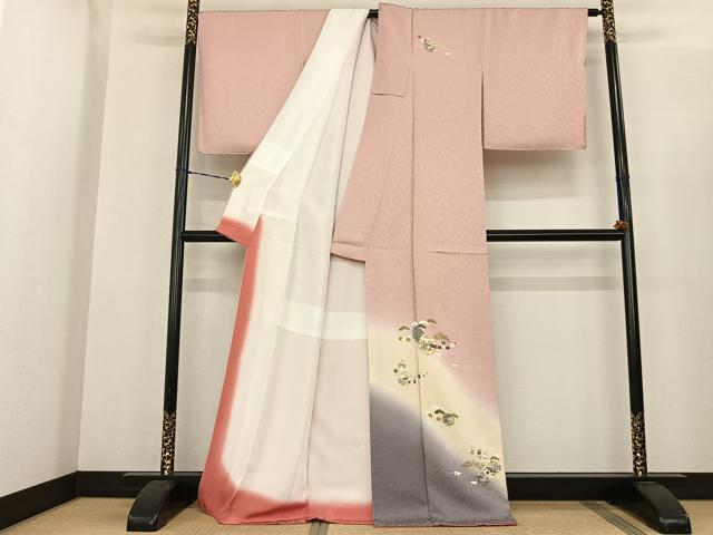 平和屋着物●訪問着　駒刺繍　雪輪地紙花文　暈し染め　金彩　正絹　逸品　AABF0418fy
