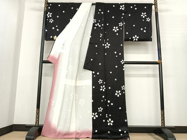 平和屋着物●上質な小紋　絞り　舞花文　黒地　正絹　逸品　AABF0432fy