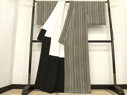 平和屋着物●上質な小紋　鹿の子間道　黒地　正絹　逸品　AABF0437fy