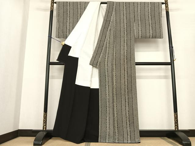 平和屋着物●上質な小紋　鹿の子間道　黒地　正絹　逸品　AABF0437fy