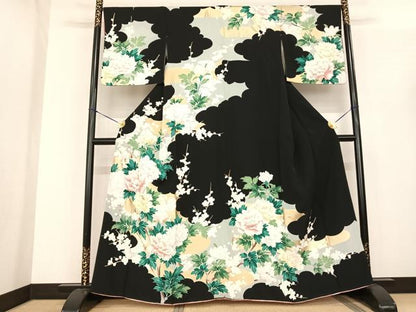 平和屋着物●訪問着　枝花文　黒地　金彩　正絹　逸品　AABF0443fy