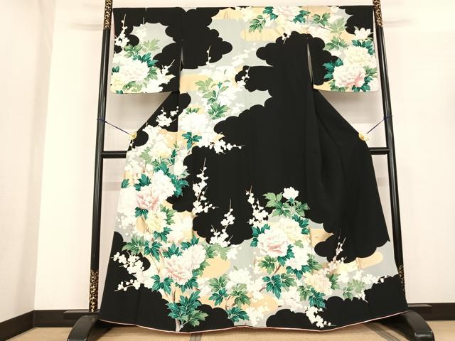平和屋着物●訪問着　枝花文　黒地　金彩　正絹　逸品　AABF0443fy