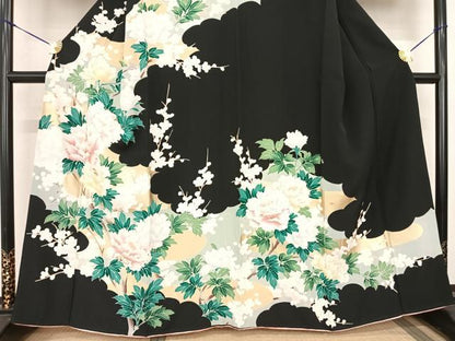 平和屋着物●訪問着　枝花文　黒地　金彩　正絹　逸品　AABF0443fy