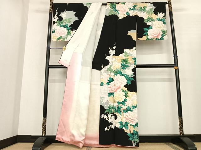 平和屋着物●訪問着　枝花文　黒地　金彩　正絹　逸品　AABF0443fy
