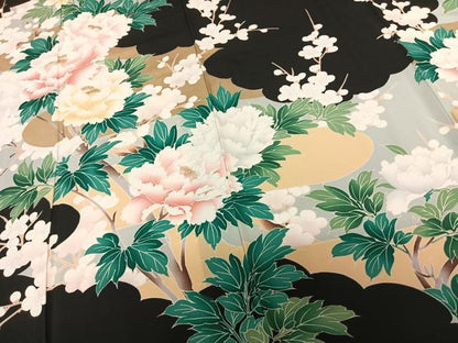 平和屋着物●訪問着　枝花文　黒地　金彩　正絹　逸品　AABF0443fy