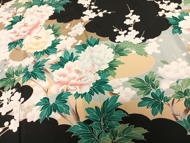 平和屋着物●訪問着　枝花文　黒地　金彩　正絹　逸品　AABF0443fy