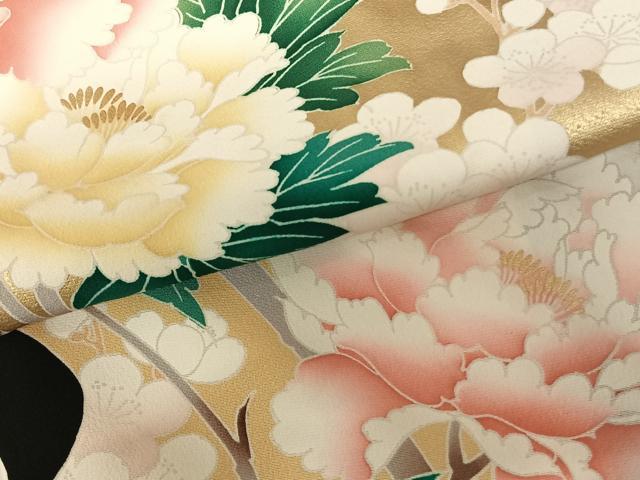 平和屋着物●訪問着　枝花文　黒地　金彩　正絹　逸品　AABF0443fy