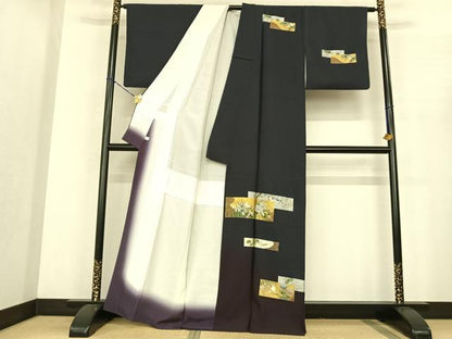 平和屋着物●訪問着　色紙草花文　暈し染め　金銀彩　正絹　逸品　AABF0445fy