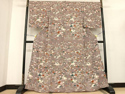 平和屋着物●上質な小紋　風景花文　鬼しぼ縮緬　正絹　逸品　AABF0463fy