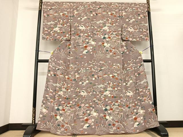 平和屋着物●上質な小紋　風景花文　鬼しぼ縮緬　正絹　逸品　AABF0463fy