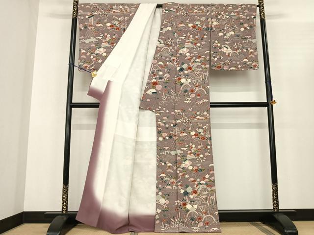 平和屋着物●上質な小紋　風景花文　鬼しぼ縮緬　正絹　逸品　AABF0463fy