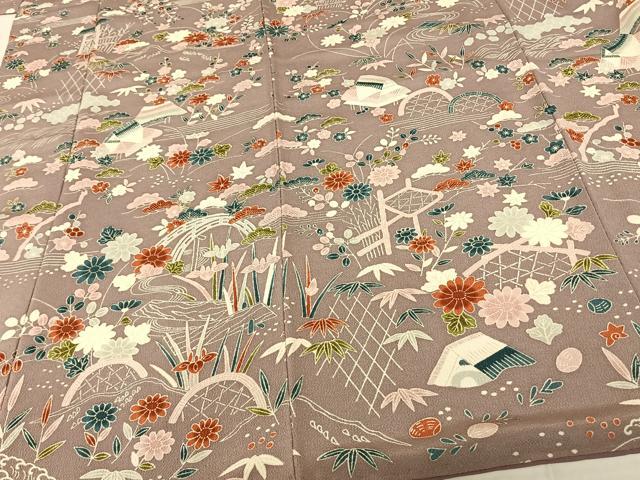 平和屋着物●上質な小紋　風景花文　鬼しぼ縮緬　正絹　逸品　AABF0463fy