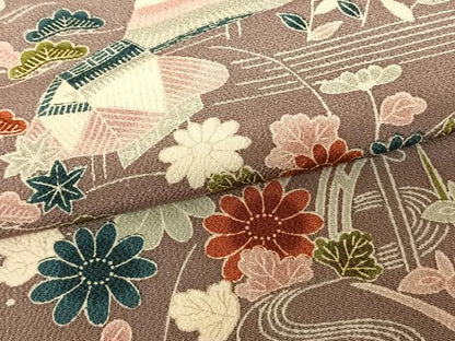 平和屋着物●上質な小紋　風景花文　鬼しぼ縮緬　正絹　逸品　AABF0463fy
