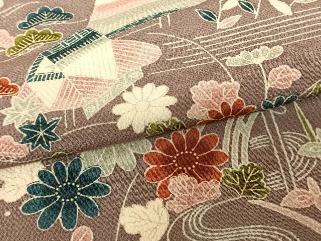 平和屋着物●上質な小紋　風景花文　鬼しぼ縮緬　正絹　逸品　AABF0463fy
