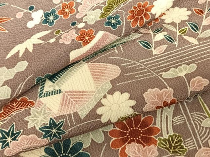 平和屋着物●上質な小紋　風景花文　鬼しぼ縮緬　正絹　逸品　AABF0463fy