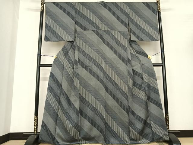 平和屋着物●江戸小紋 斜縞 黒地 正絹 逸品 AABF0467fy