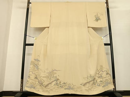 平和屋着物●訪問着 友禅 風景文 鬼しぼ縮緬 正絹 逸品 AABF0470fy