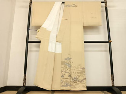 平和屋着物●訪問着 友禅 風景文 鬼しぼ縮緬 正絹 逸品 AABF0470fy