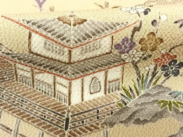 平和屋着物●訪問着 友禅 風景文 鬼しぼ縮緬 正絹 逸品 AABF0470fy