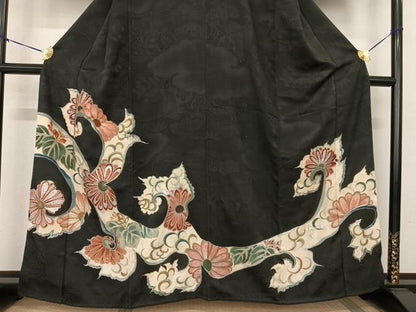 平和屋着物●アンティーク 大正ロマン 黒留袖 唐草文 金銀彩 正絹 逸品 AABF0473fy