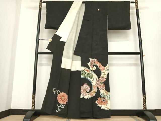 平和屋着物●アンティーク 大正ロマン 黒留袖 唐草文 金銀彩 正絹 逸品 AABF0473fy