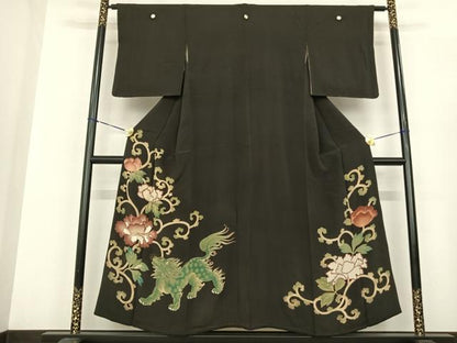 平和屋着物●アンティーク　大正ロマン　黒留袖　唐獅子牡丹　金糸　正絹　逸品　AABF0476fy